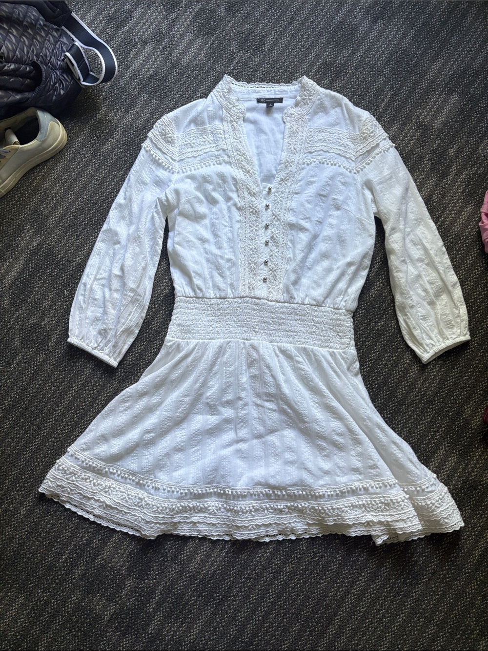 INC International Concepts White Eyelet Lace V-Neck Long Sleeve Dress